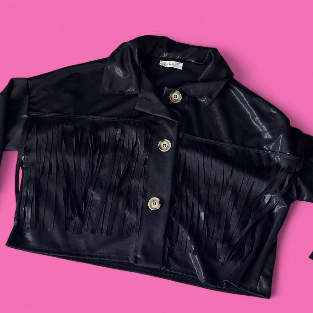 Black faux leather fringe jacket